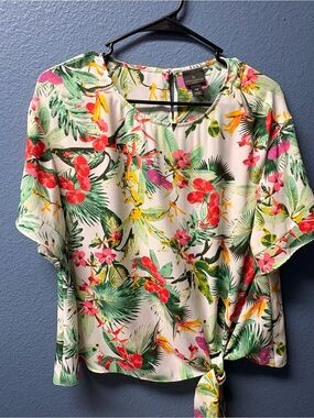 Worthington White Tropical Tie-Knot Blouse with Multicolor Floral Print